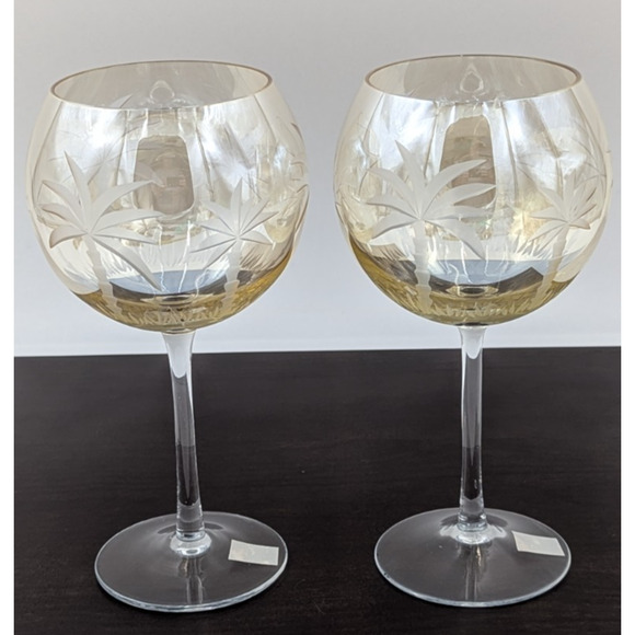 2 Royal Danube Etched Palm Tree Yellowish Luster Balloon Wine Glasses 9" Goblets - Picture 6 of 12